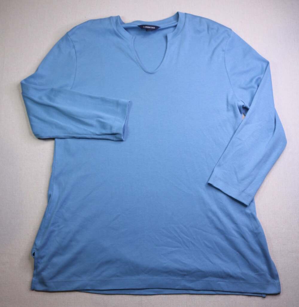 Lands' End Top Women Large 14-16 Blue Split Neck 3/4 Sleeve Cotton Tunic Shirt